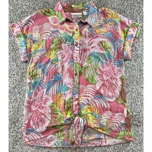 Belle Beach by Kim Gravel Guaze Tie Front Shirt Womens XS Hawaiian Floral Pink